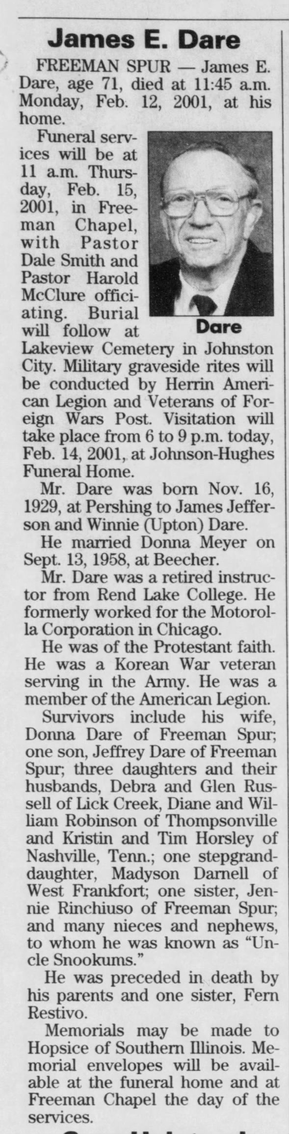 Obituary for James E. Dare, 1929-2001 (Aged 71)